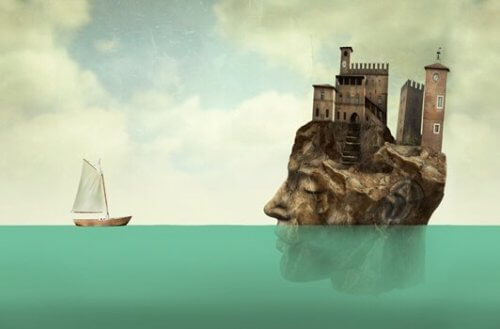 Ett huvud som är en ö och en båt som lämnar med saker ofärdiga