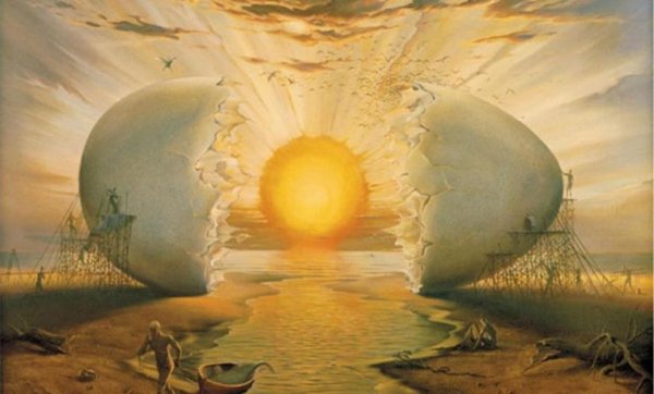 Surrealistisk bild av soluppgång som kläcks ur ett ägg