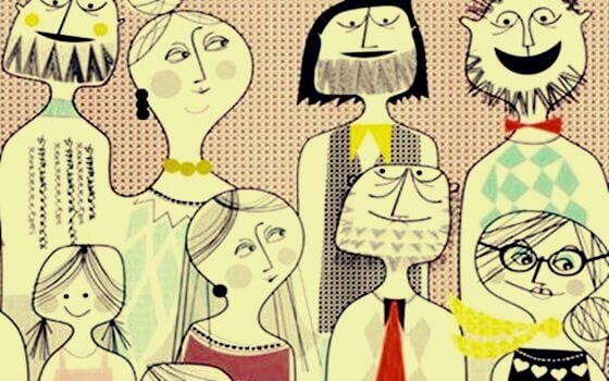 Ritning av färgglad familj.