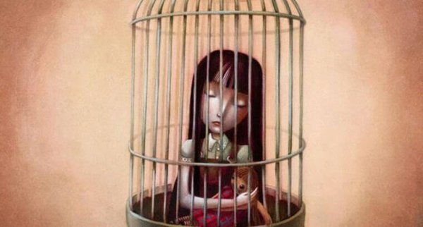 Flicka i bur som symboliserar självuppoffring