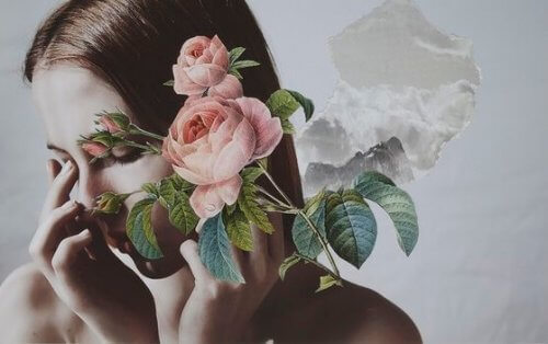 Kvinna bakom blommor