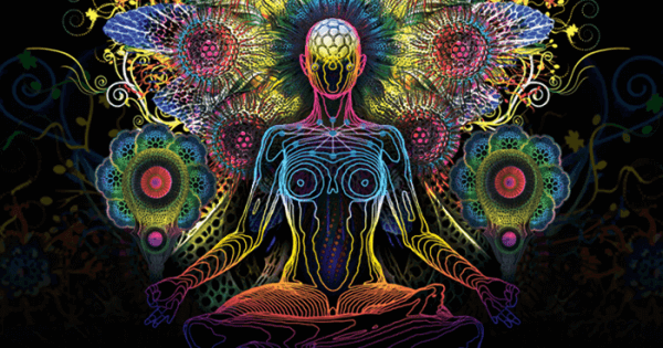 Psykedelisk målning av en mänsklig figur som mediterar för att väcka sin kreativa sida.