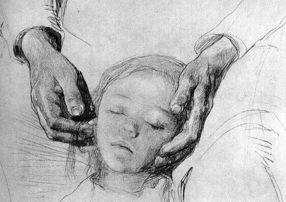 Teckning av mor och barn.