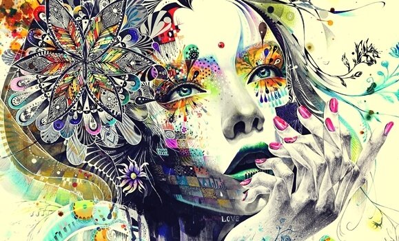 Målning av kvinnas ansikte.