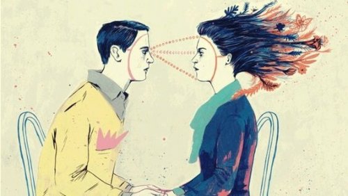 Man som utforskar kvinnas ansikte