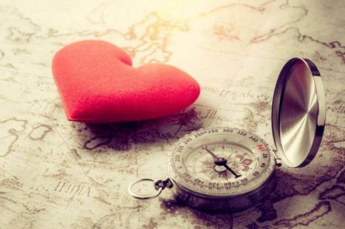 Hjärta och kompass som ligger på en karta.
