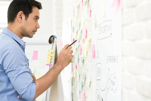 Man med post-it-lappar