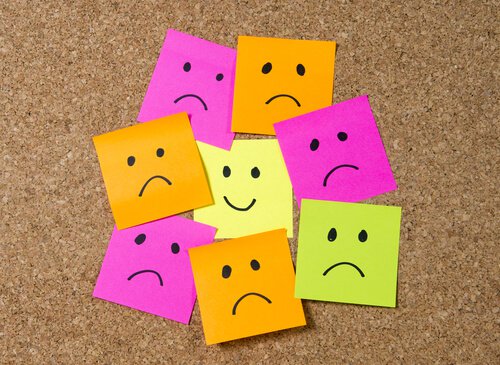 Post-it-lappar med ett tecknat glatt ansikte omgivet av ledsna ansikten som representerar en positiv inre dialog för lycka.