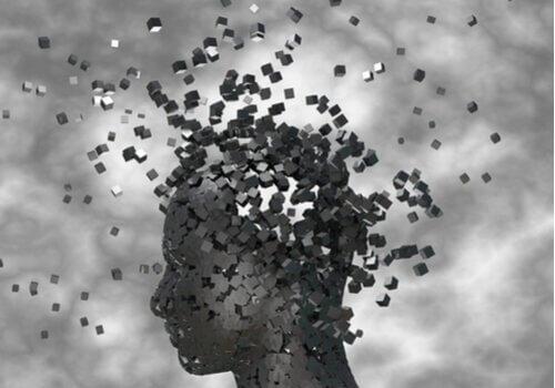 Huvud byggt av klossar.