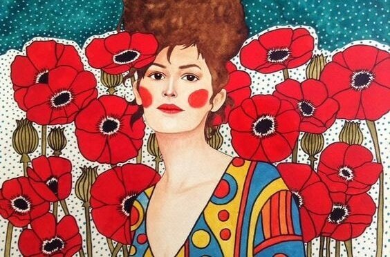 Kvinna bland röda blommor.