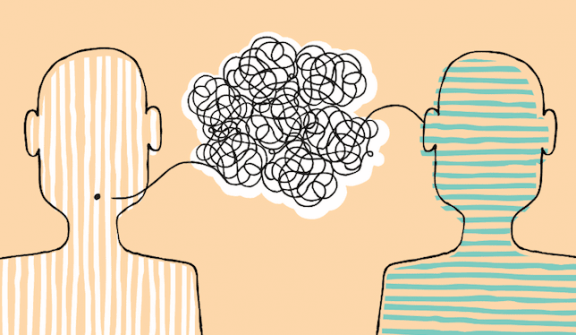 Två figurer som försöker kommunicera.