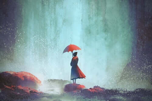 Målning av kvinna med paraply.