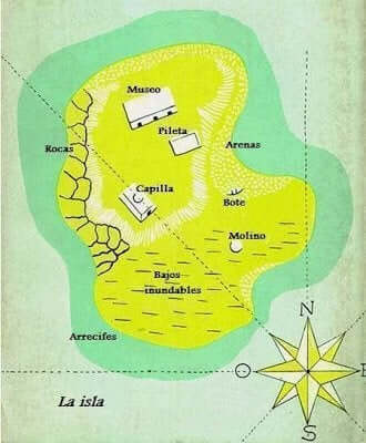 Karta över ön i boken Morels uppfinning