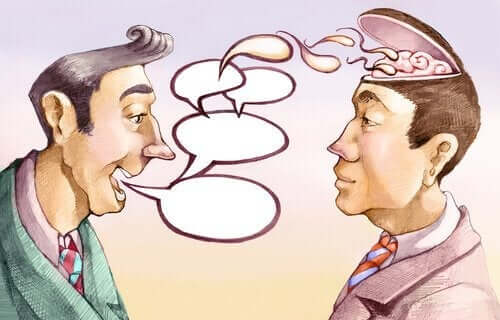 En tecknad bild av en mans ord som påverkar hjärnan på hans samtalspartner.