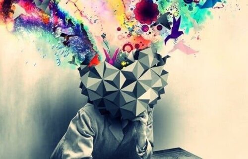En persons mångfärgade tankar bryter sig loss från kubism-huvud genom kreativt avlärande