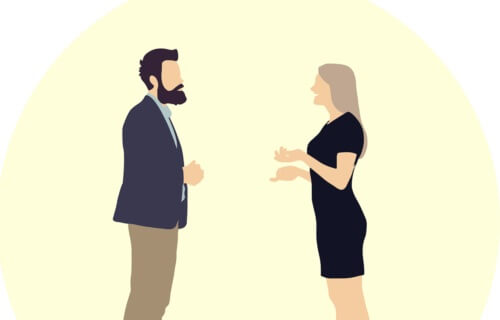 En illustration av två personer som talar