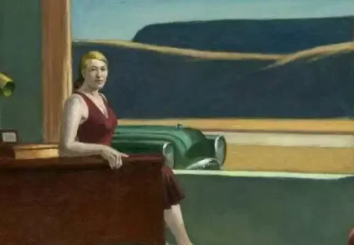 Målning av kvinna i soffa vid fönster